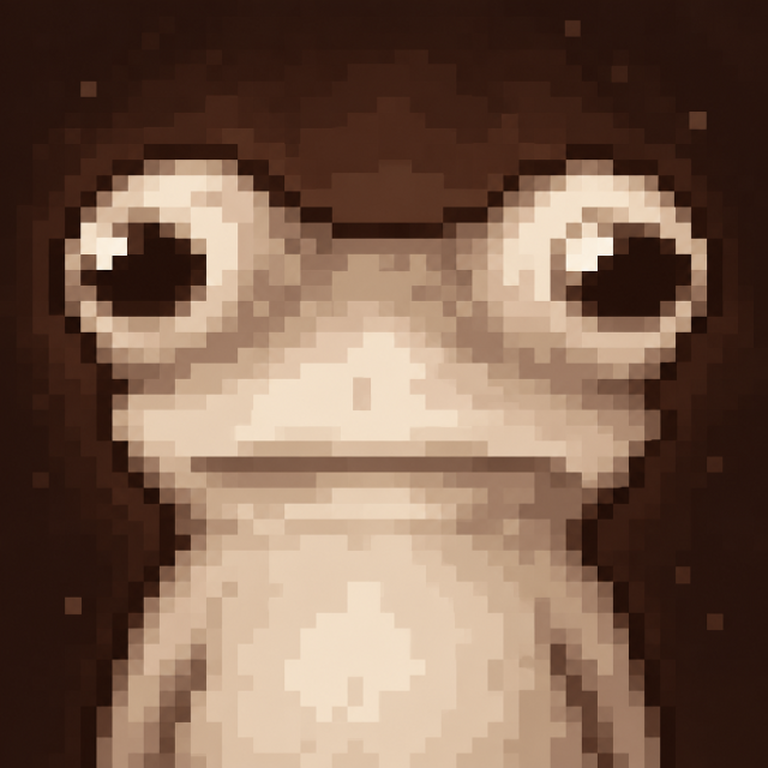 Blank Frog manning the overnight pondside kiosk beside a lantern, service bell, and an untouched sandwich